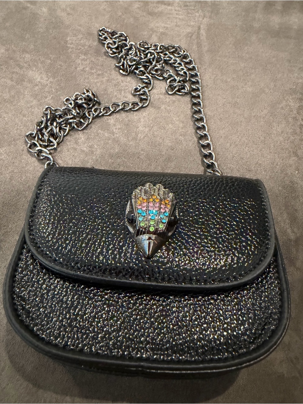 Inspired Kurt Geiger Black Glitter Crossbody Bag with Multi-Color Crystal Accent